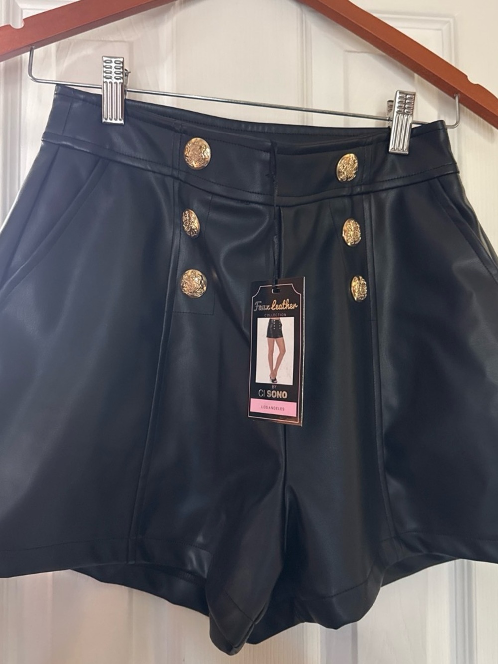 Ci Sono Black Faux Leather High-Rise Shorts with Gold Buttons